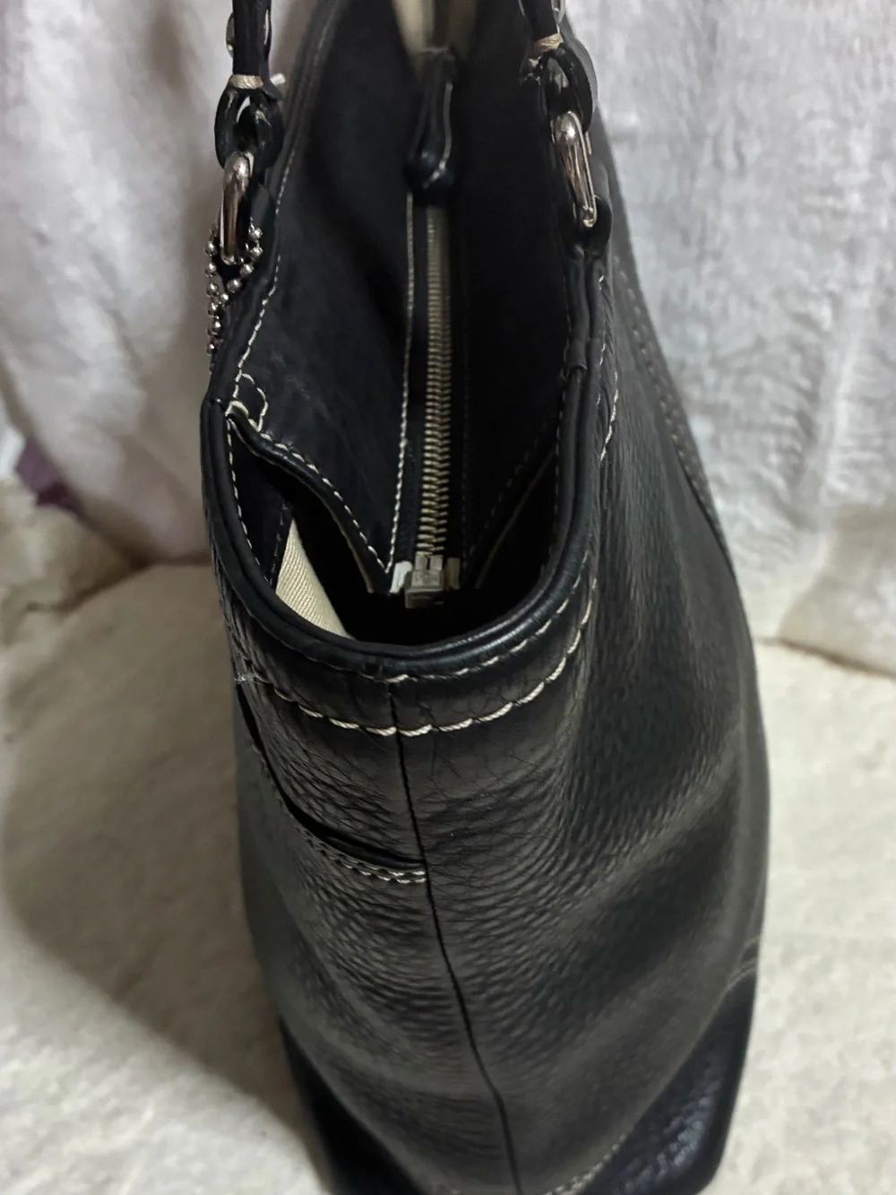 Coach Hamilton Black Leather Shoulder Bag with White Stitching